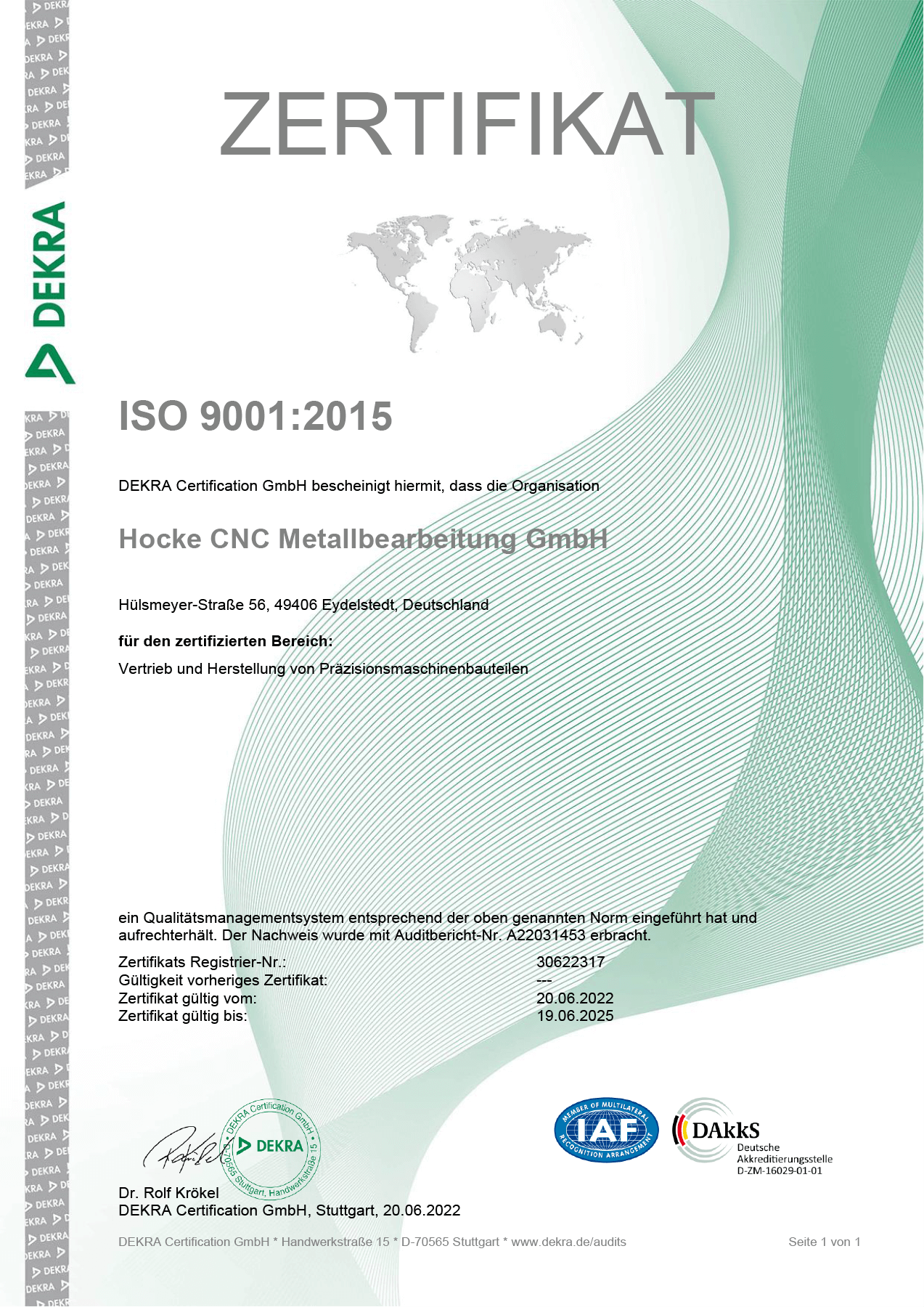 ISO-Zertifikat der HOCKE CNC Metallbearbeitung GmbH