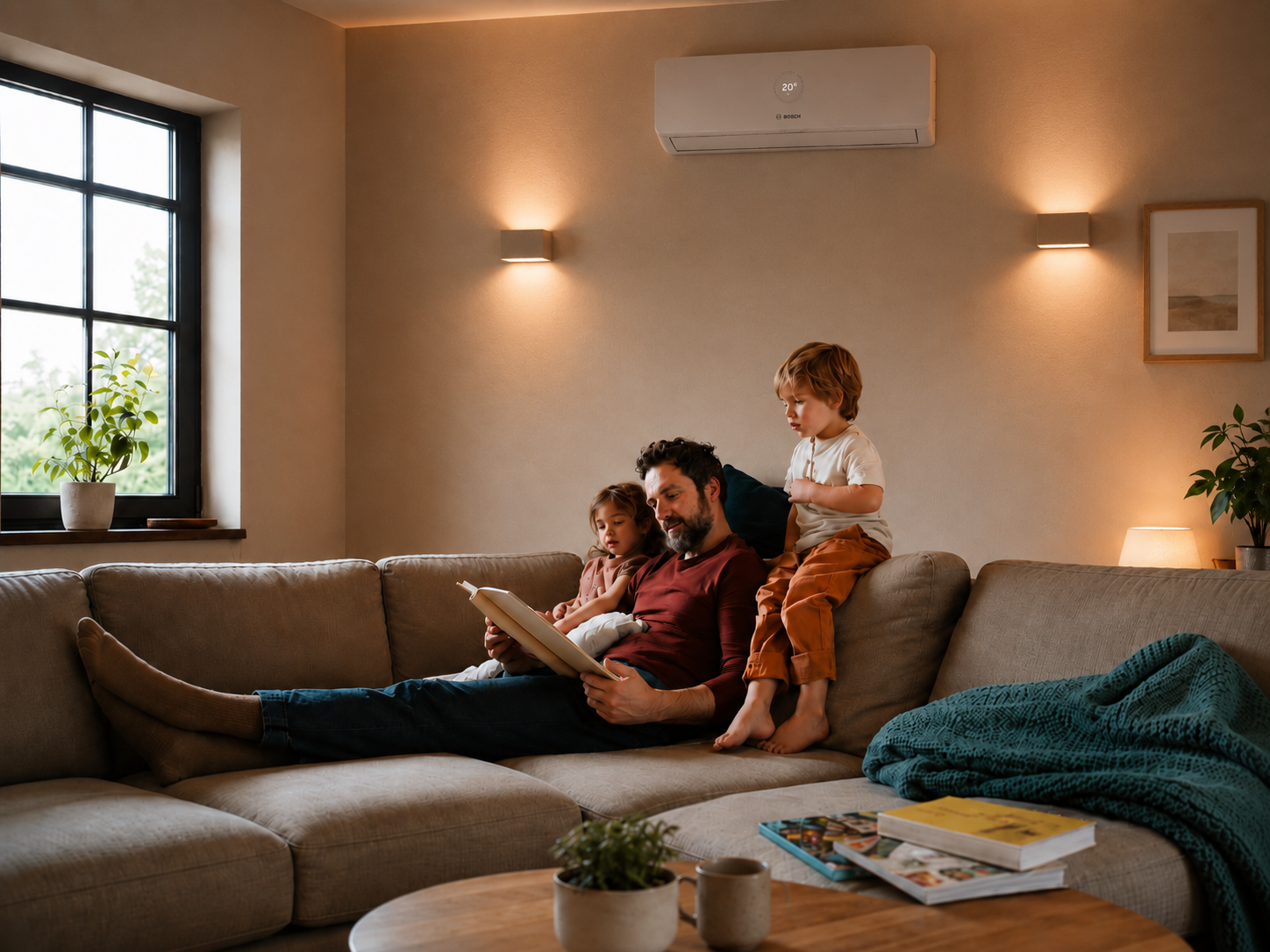 Wohnzimmer mit modernem Klima-Innengerät