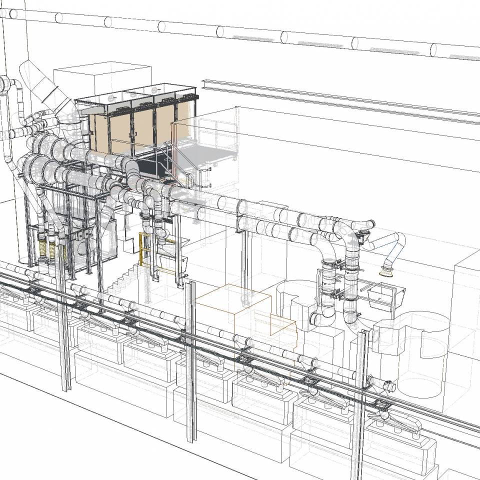 3D-Konstruktionsrendering einer lufttechnischen Anlage (Ansicht 2)