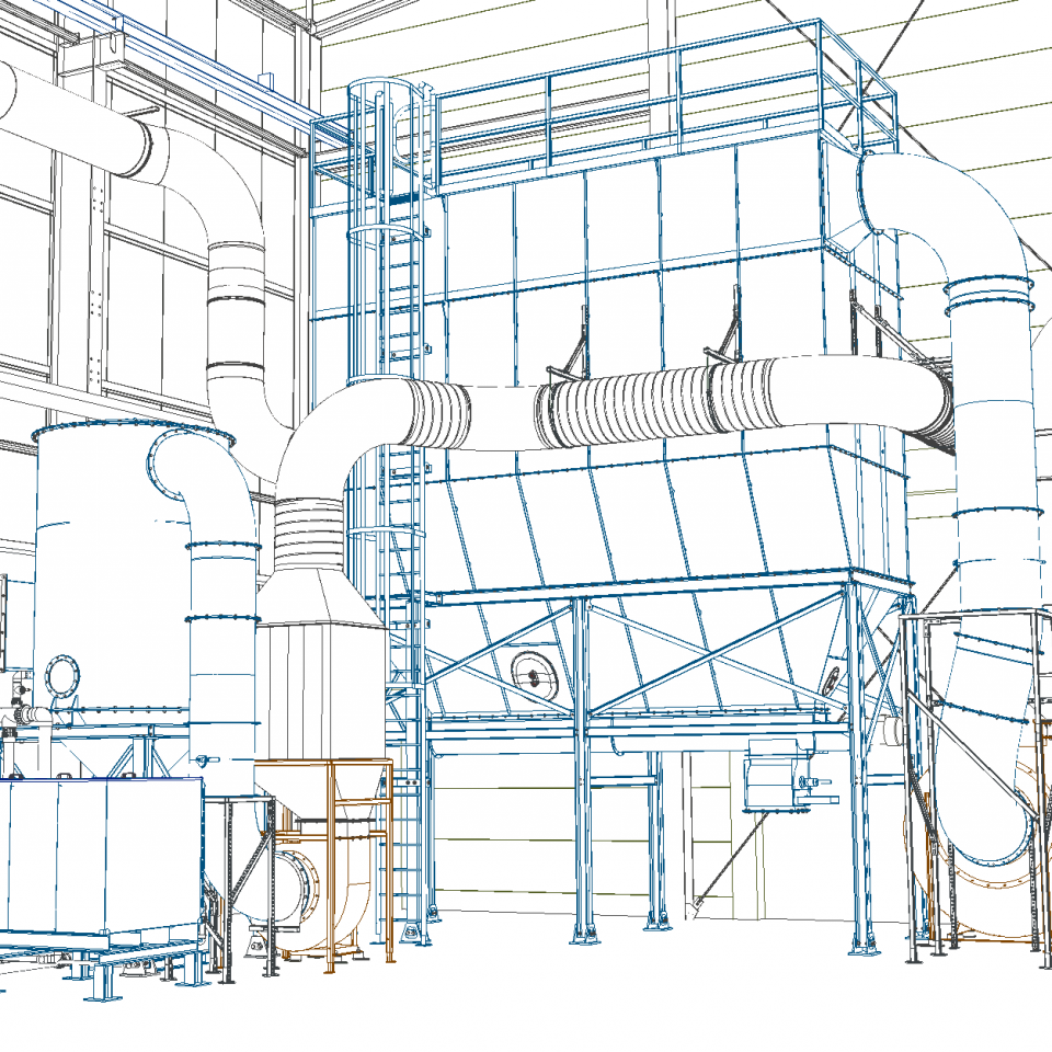 3D-Konstruktionsrendering einer lufttechnischen Anlage (Ansicht 1)