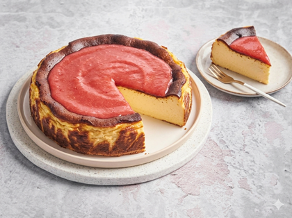 Baskischer Cheesecake mit Erdbeer-Rhabarber-Coulis