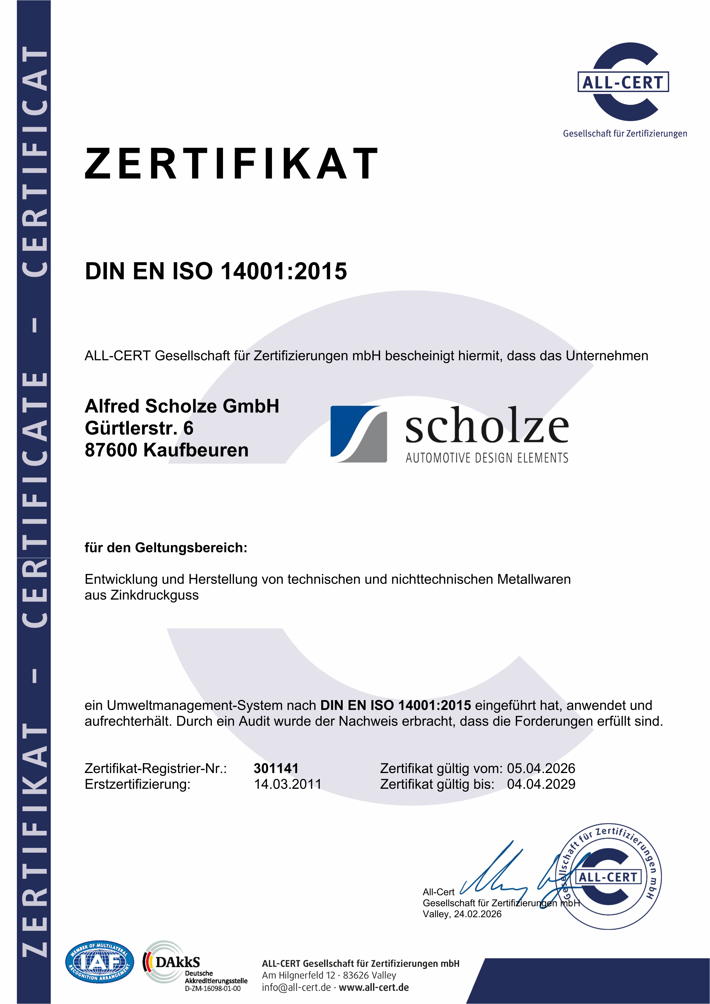 ISO 14001:2015 Zertifikat