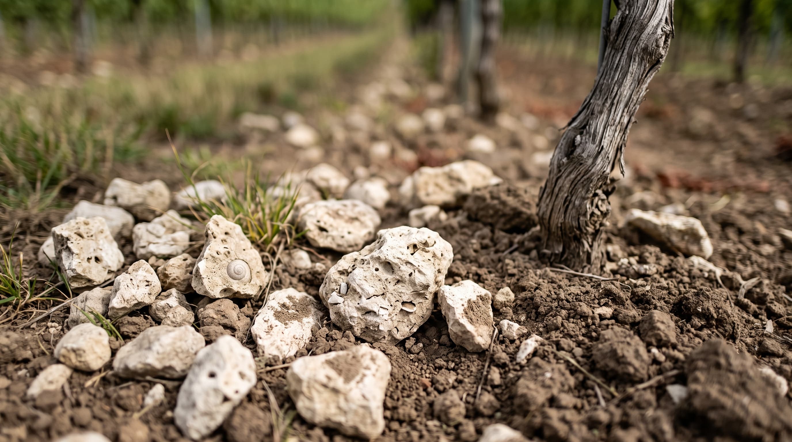 Landschneckenkalk mit Fossilien im Weinberg
