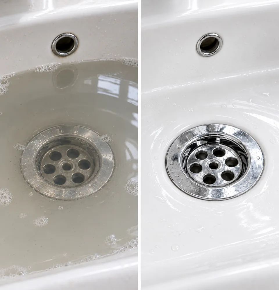 Abflussreiniger: vorher mit stehendem Wasser, nachher freier Abfluss