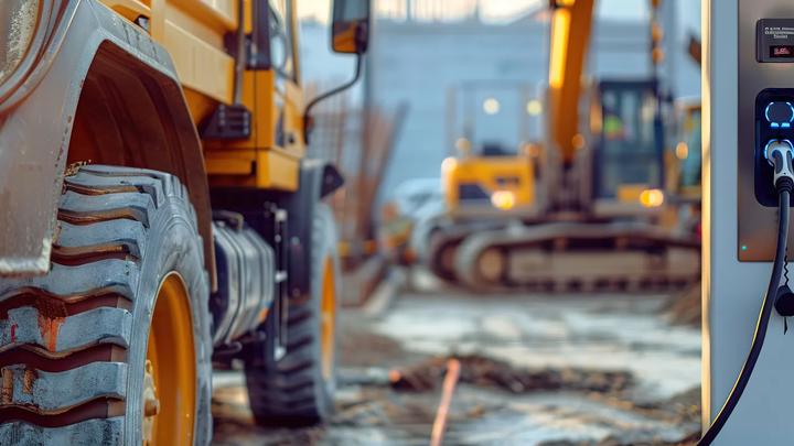 Elektro-Ladepunkt neben Baumaschinen auf einer Baustelle