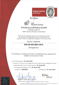 ISO-9001-Zertifikat der D-K Kunststoff-Folien GmbH