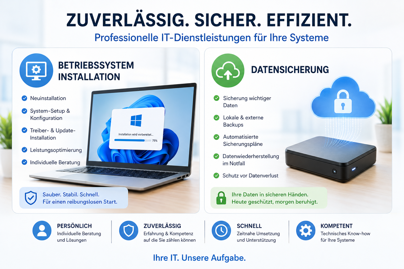 Betriebssysteminstallation, Datensicherung, Fernwartung und Software-Service