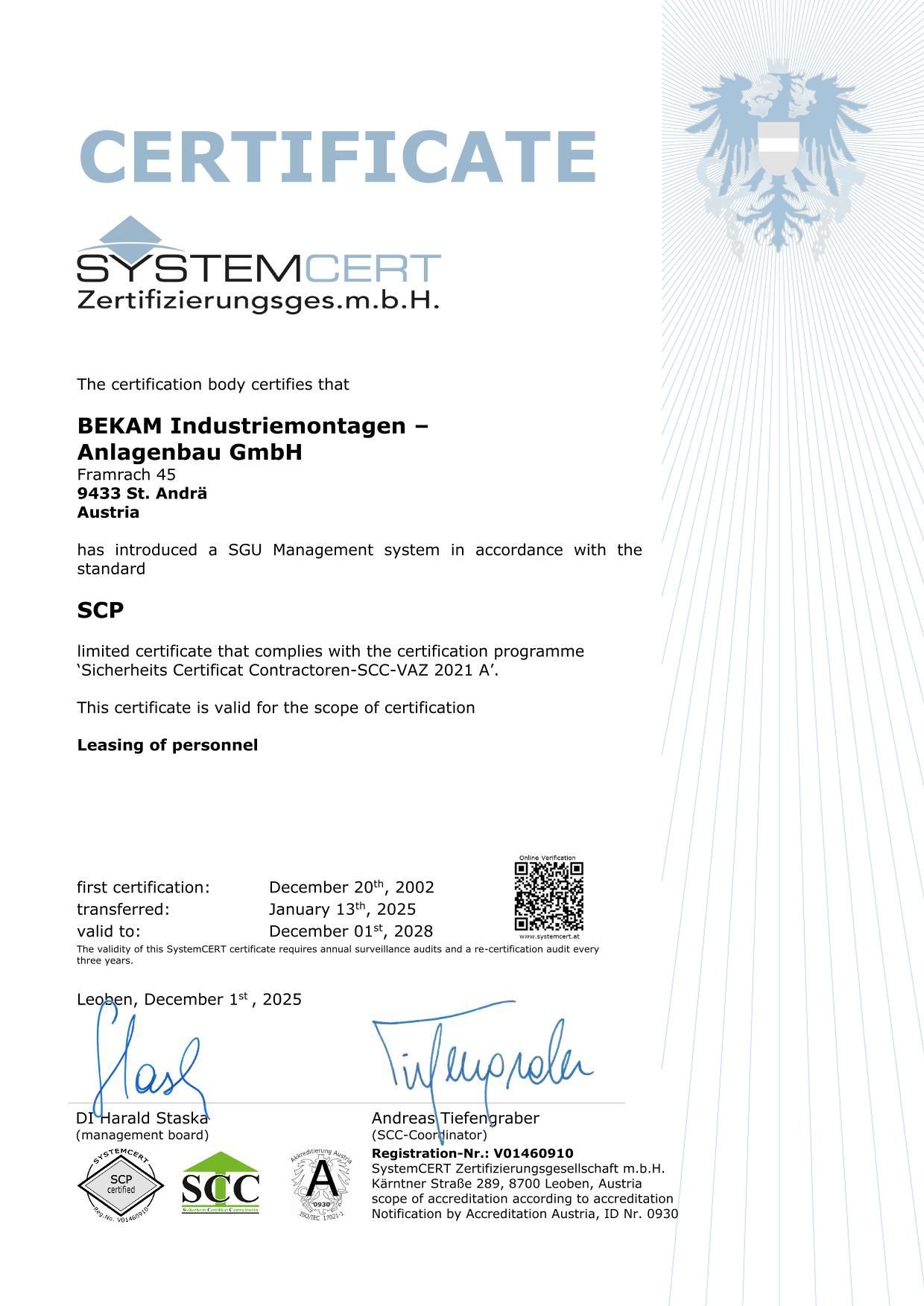Zertifizierung nach SCP und ISO 9001