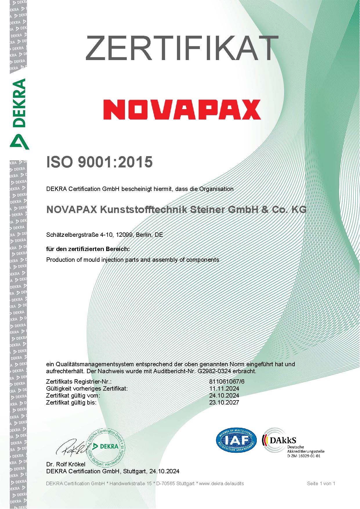 ISO 9001:2015 certificate (DEKRA)