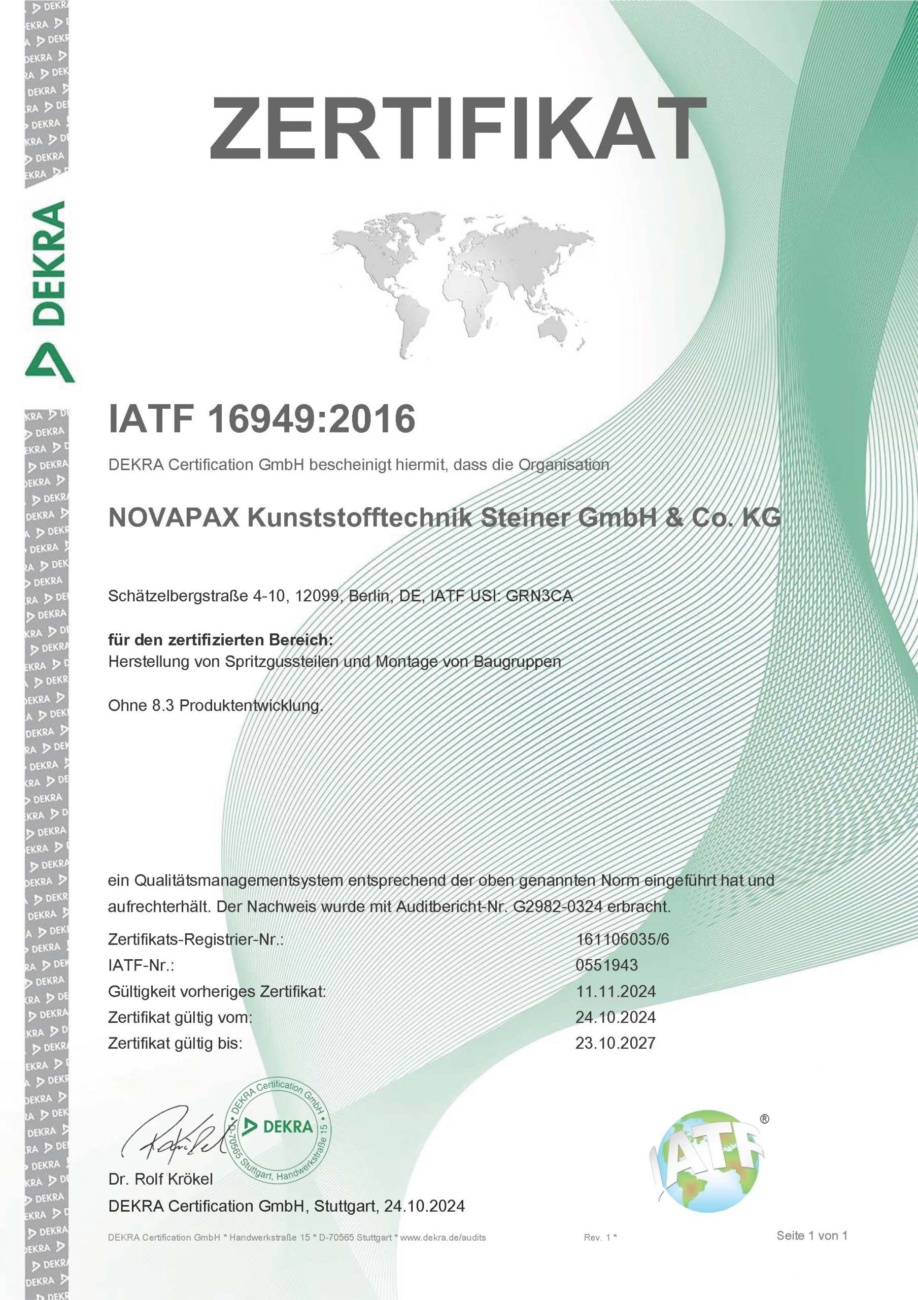 IATF 16949:2016 certificate (DEKRA)