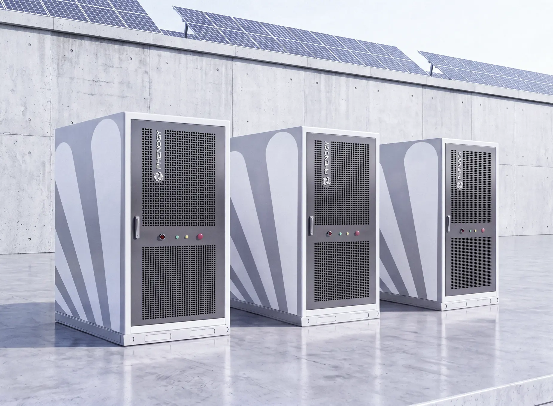 Three PHENOGY battery cabinets beneath a rooftop PV system