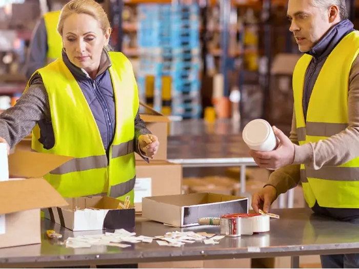 Mitarbeiter bei der Konfektionierung von Produkten