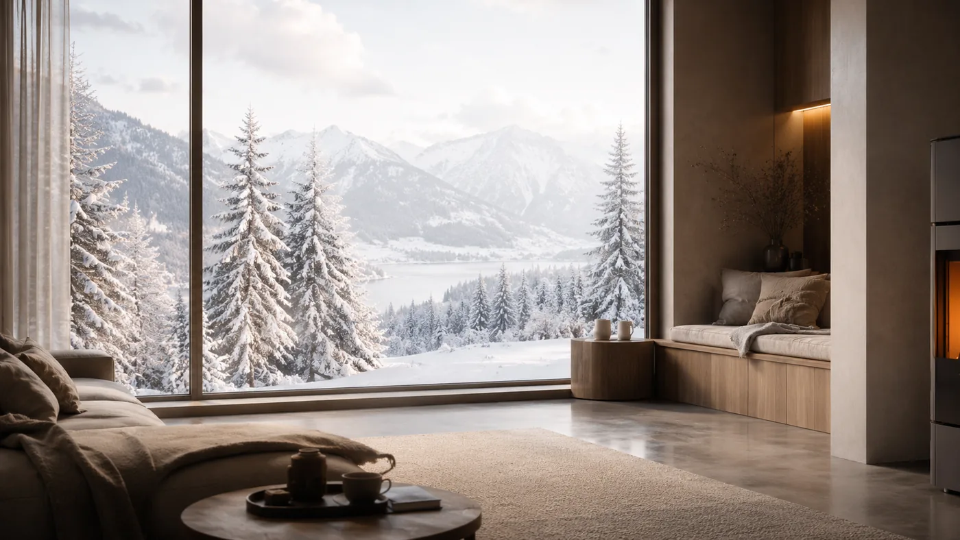 Wohnraum mit Kaminofen und Alpenblick