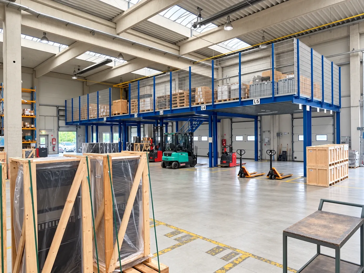 Versandhalle mit Öfen in Holzverschlägen