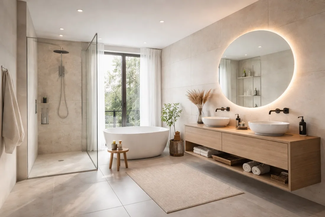 Badezimmer mit bodengleicher Dusche und Doppelwaschtisch