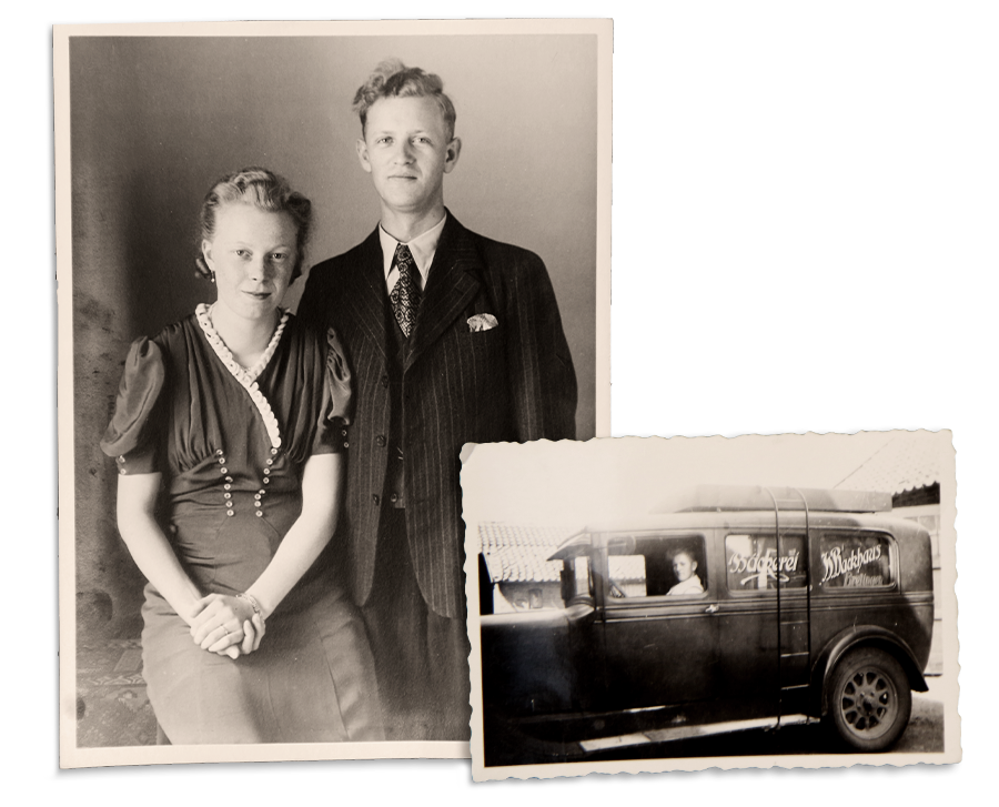Historisches Foto: Bäckermeister Heinrich Wolther mit Frau und Lieferfahrzeug