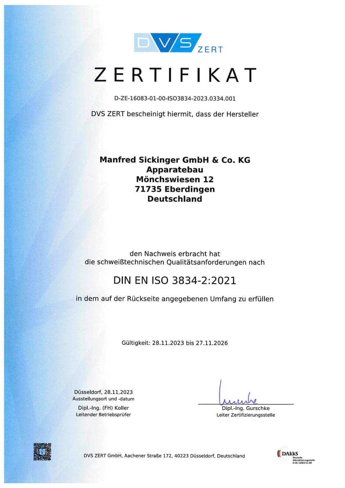 DIN EN ISO 3834-2:2021-Zertifikat
