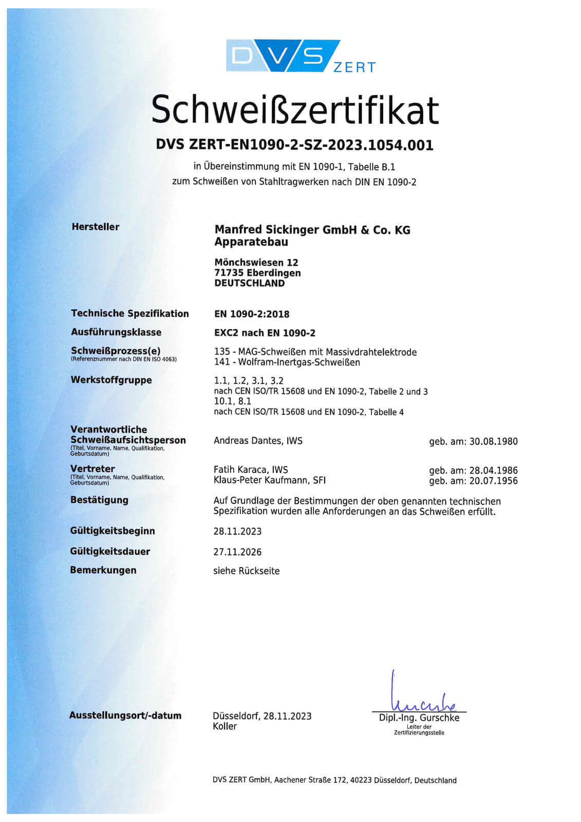 EN 1090-2:2018 EXC2 Schweißzertifikat