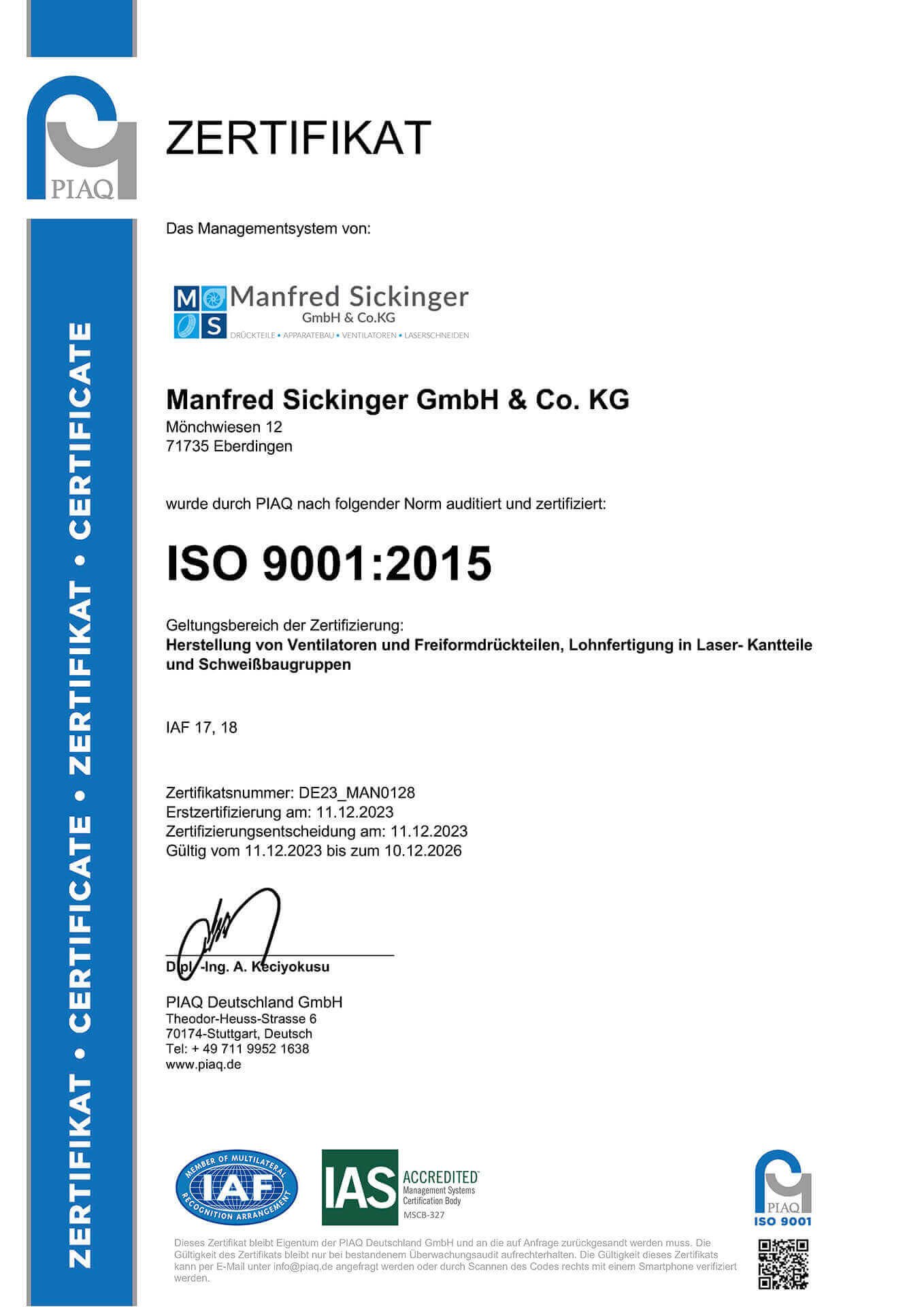 ISO 9001:2015-Zertifikat