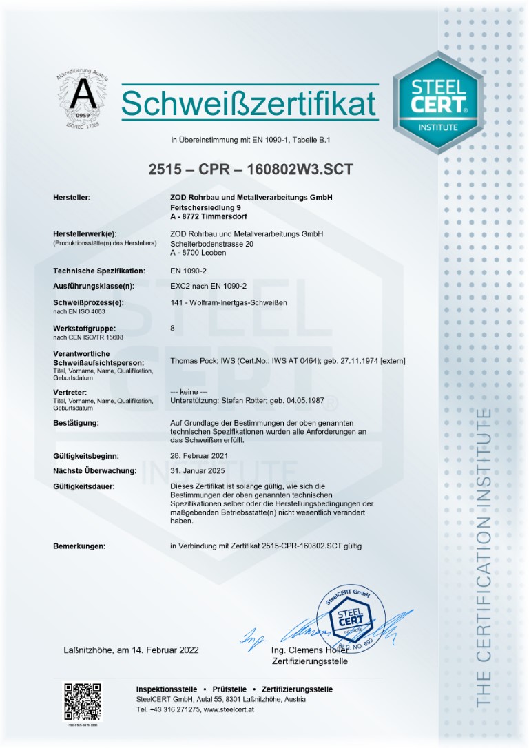 Zertifikat Steelcert, Seite 2