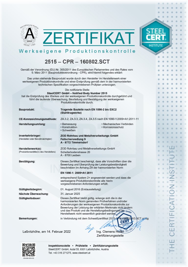 Zertifikat Steelcert, Seite 1