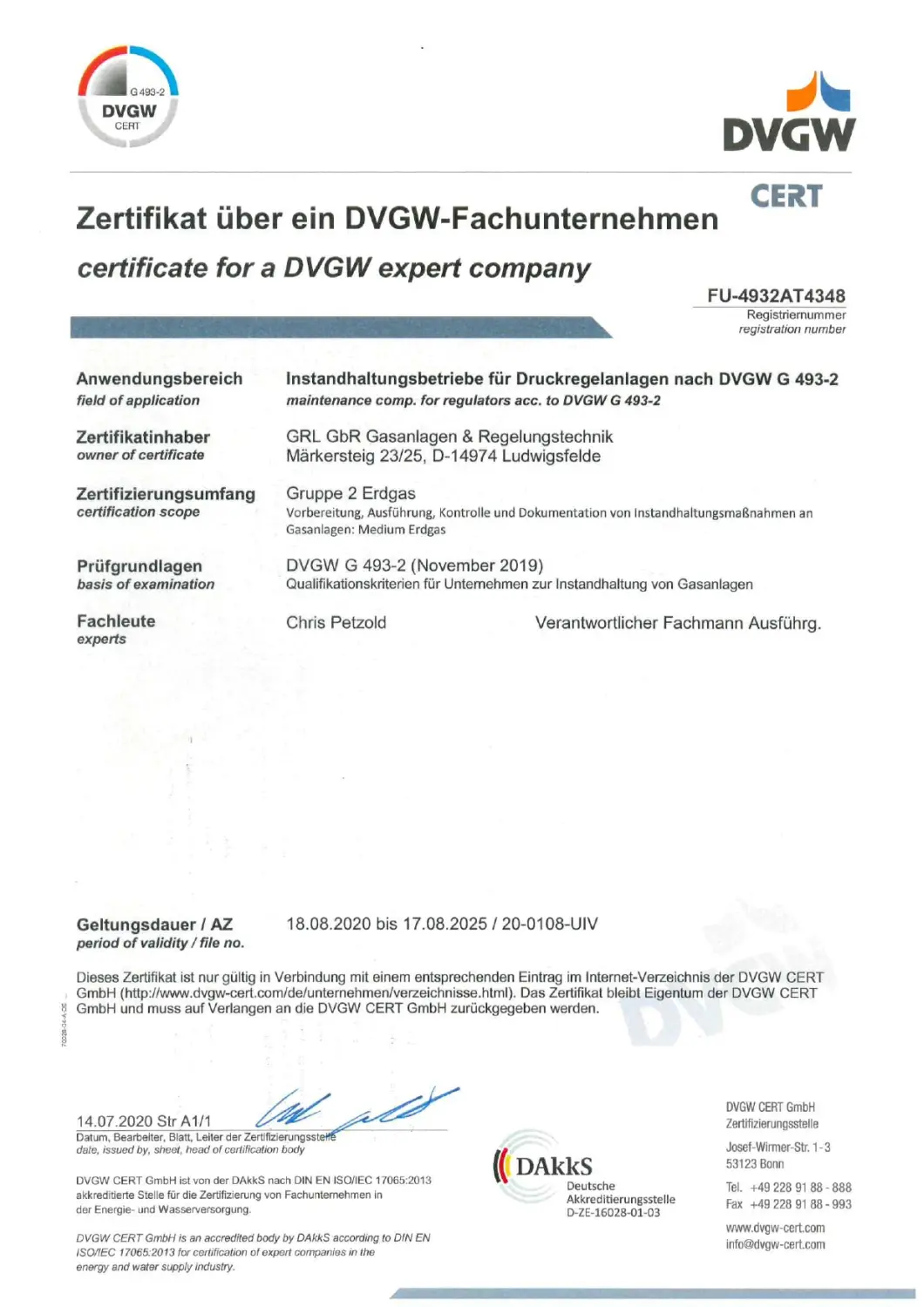 DVGW-Zulassung G 493-2 der GRL GbR