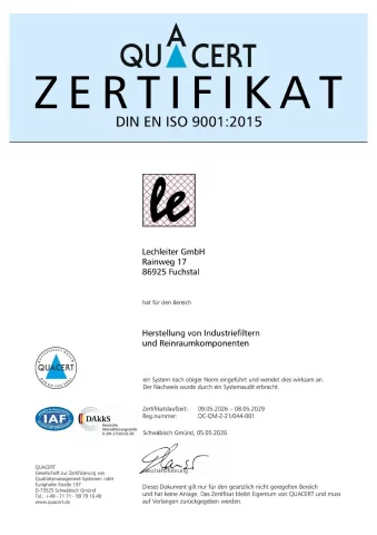 Zertifikat DIN EN ISO 9001:2015 für Industriefilter und Reinraumkomponenten