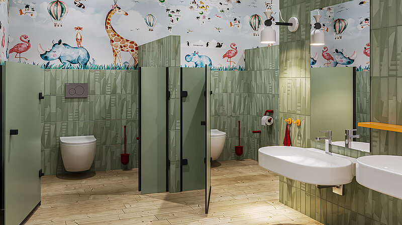 Kindergartenbad mit farbigen Erlau-Accessoires