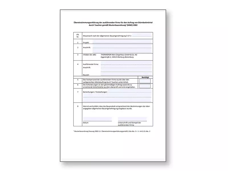 Übereinstimmungserklärung Planziegel-Mauerwerk