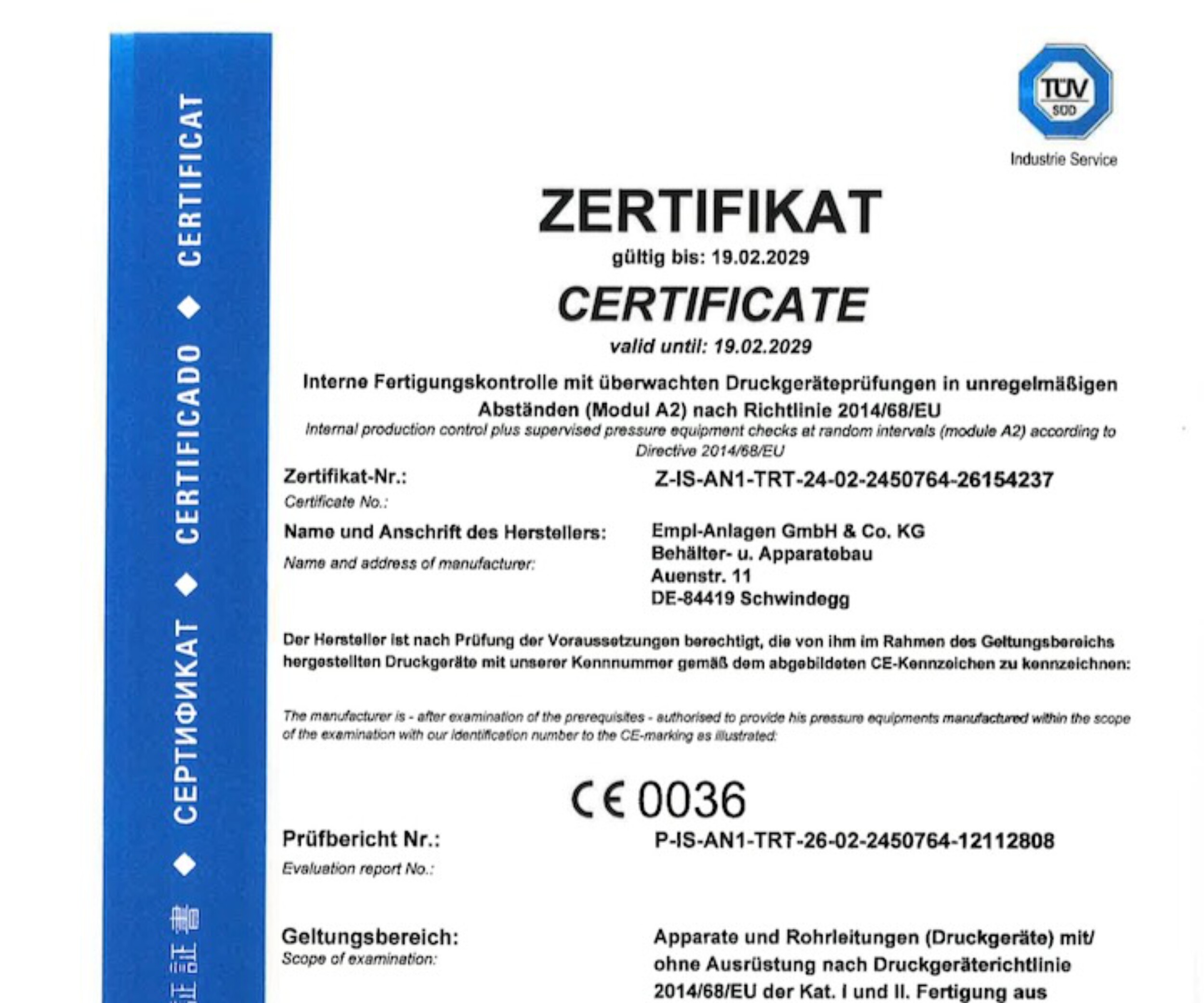 Zertifikat Druckgeräterichtlinie Modul A2 (TÜV SÜD)