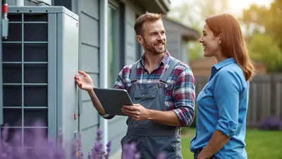 Certified installer explaining a heat pump to a customer