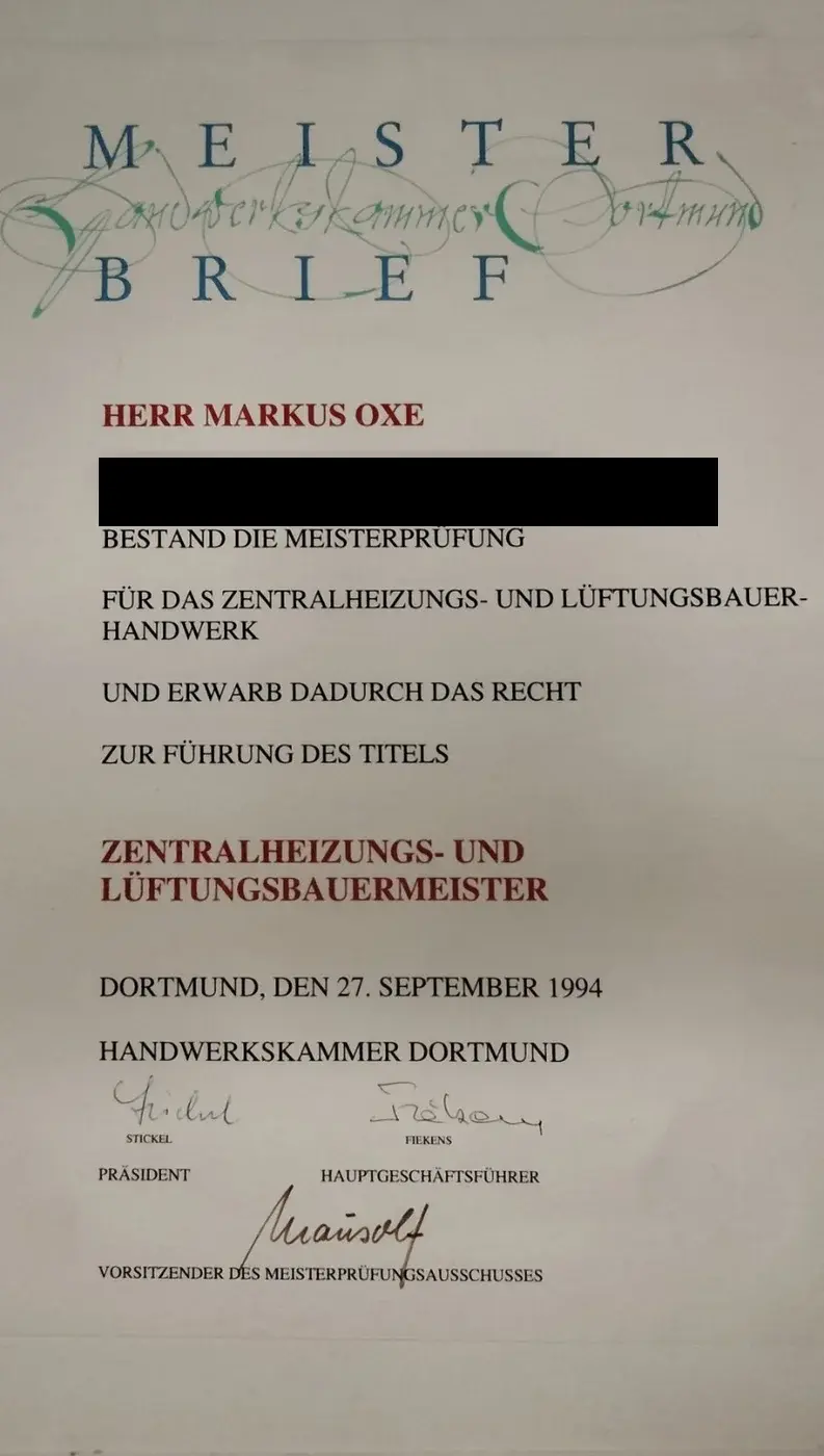 Meisterbrief Zentralheizungs- und Lüftungsbauer (HWK Dortmund, 1994)