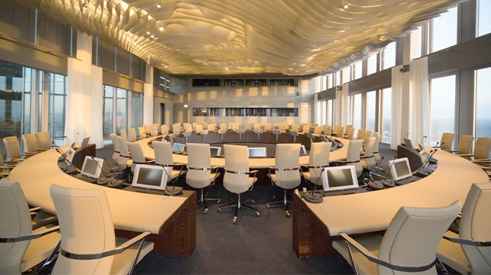 Conference table in the council chamber of the ECB headquarters in Frankfurt