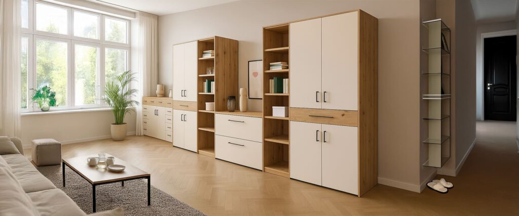 Wohnzimmermöbel mit Kommode, Regal und Schränken