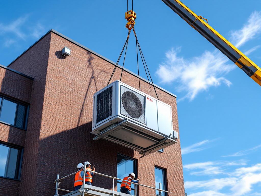 Mini-Split-Klimagerät wird per Kran montiert