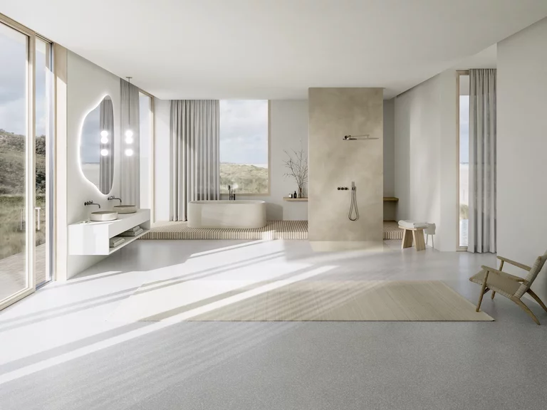Bad mit Badewanne, bodengleicher Dusche und Waschtischen aus glasiertem