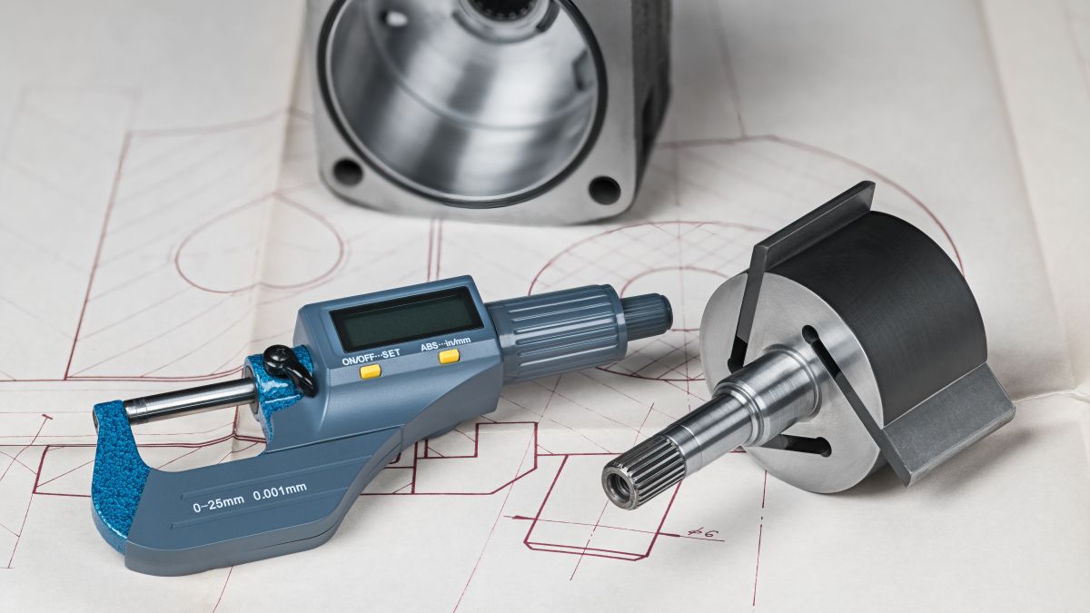 Digitalmikrometer und Maschinenteil auf technischer Zeichnung