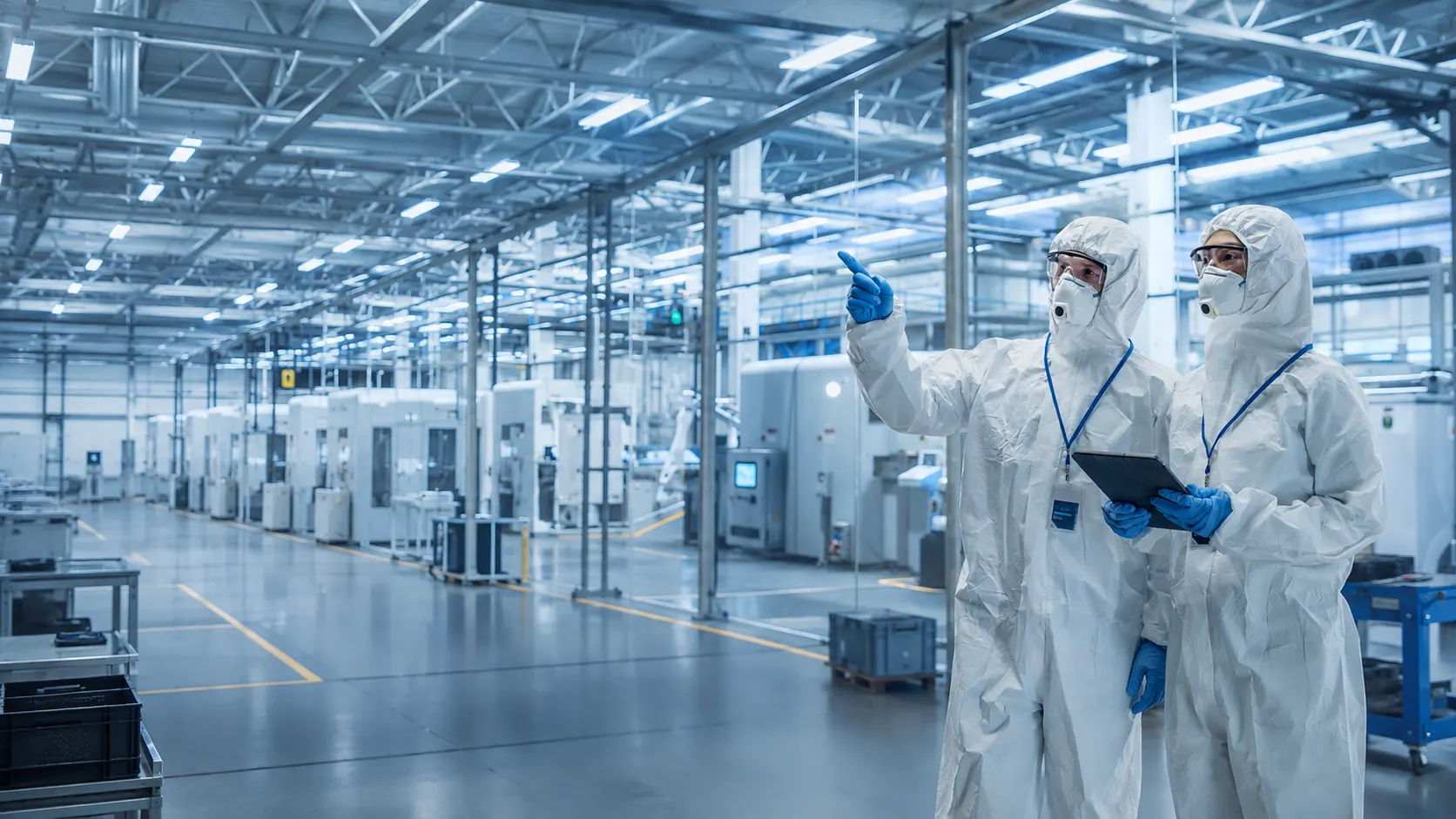 Techniker mit Schutzausrüstung und Tablet in einer industriellen Umgebung