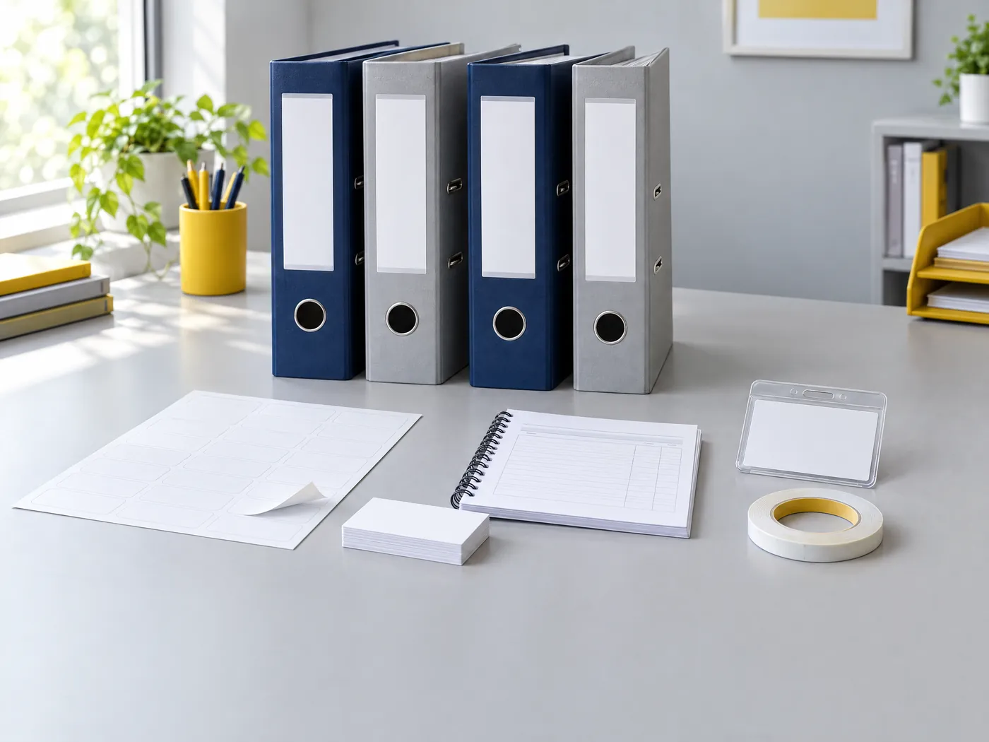 Sortiment für Büro und Versand: Ordneretiketten, Visitenkarten, Formulare