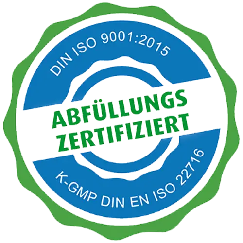 Siegel: Abfüllung zertifiziert nach DIN ISO 9001:2015 und Kosmetik GMP ISO 22716