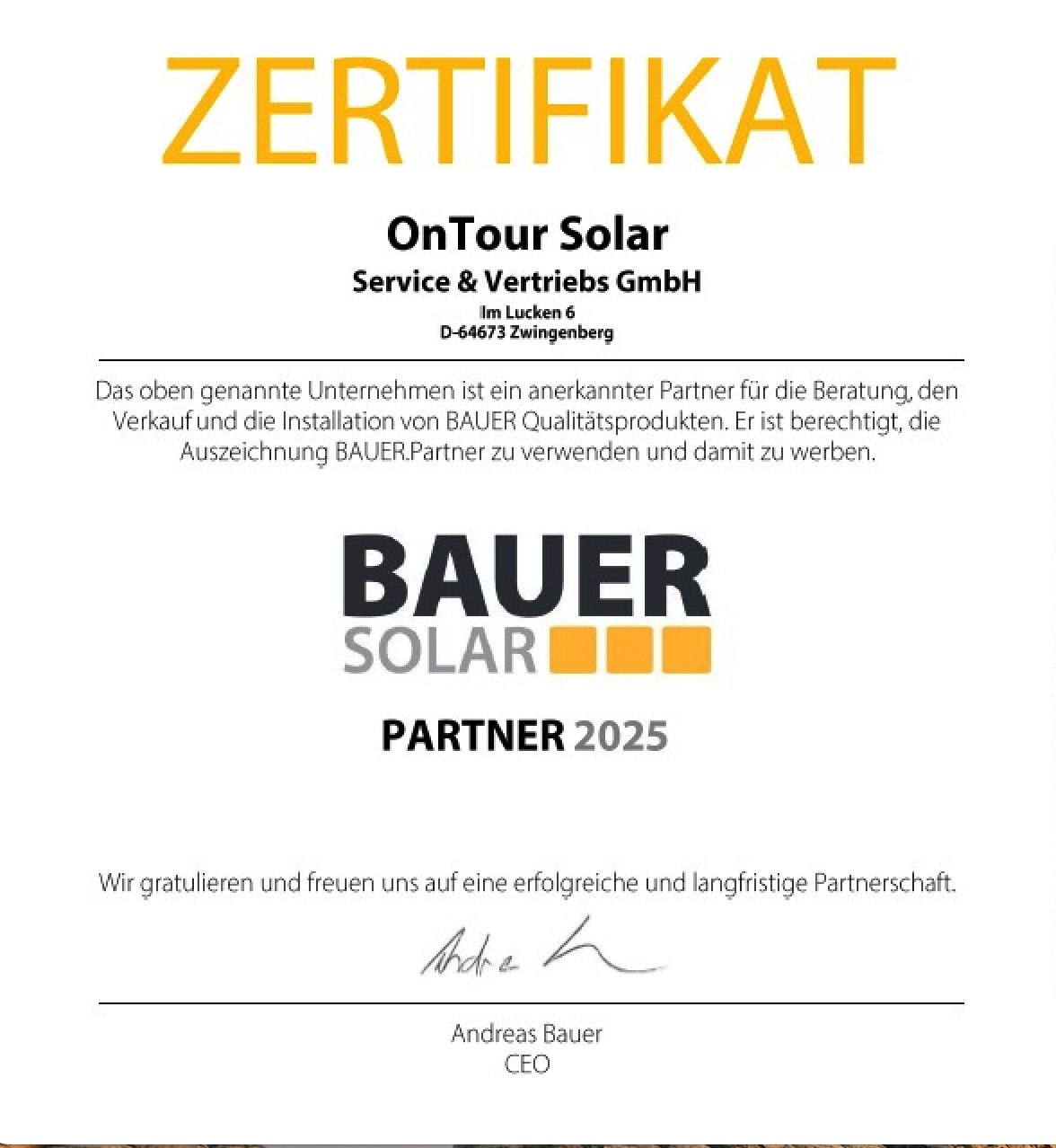 Recognized partner of Bauer Solar