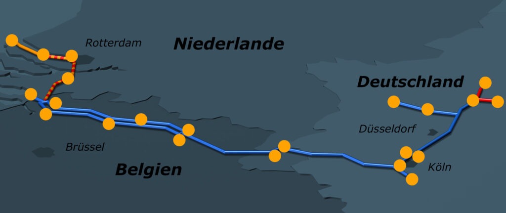 Karte mit Pipelineverlauf durch Deutschland, Belgien und die Niederlande