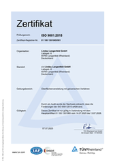ISO 9001:2015 Zertifikat Lindau Langenfeld GmbH, gültig bis 13.07.2028