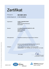 ISO 9001:2015 Zertifikat Lindau Remscheid GmbH & Co. KG, gültig bis 13.07.2028