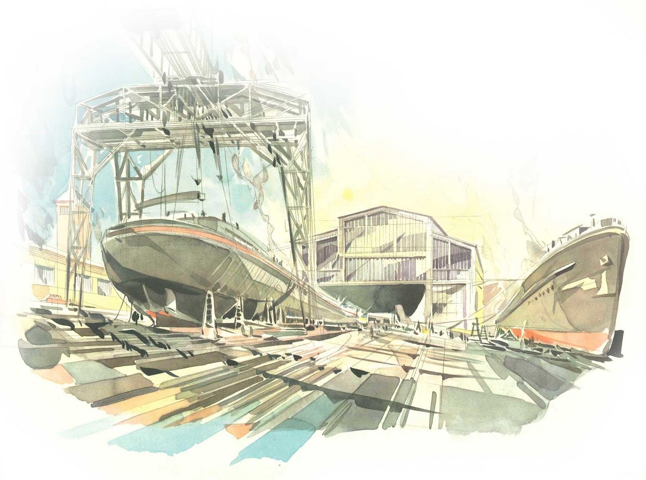 Historische Aquarellzeichnung eines Schiffes in der Werft