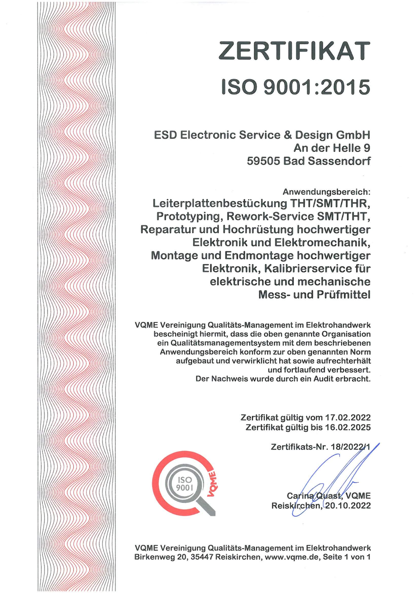 ISO-Zertifikat DIN EN ISO 9001:2015 (VQME)