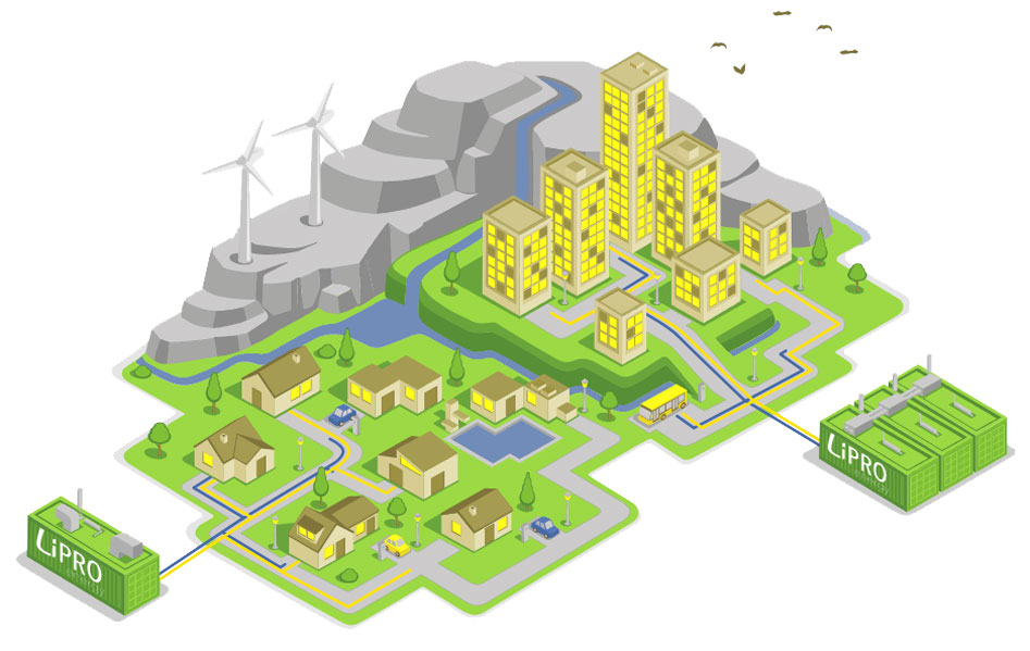 Illustration eines Biomasse-Heizkraftwerks für die dezentrale Energieversorgung