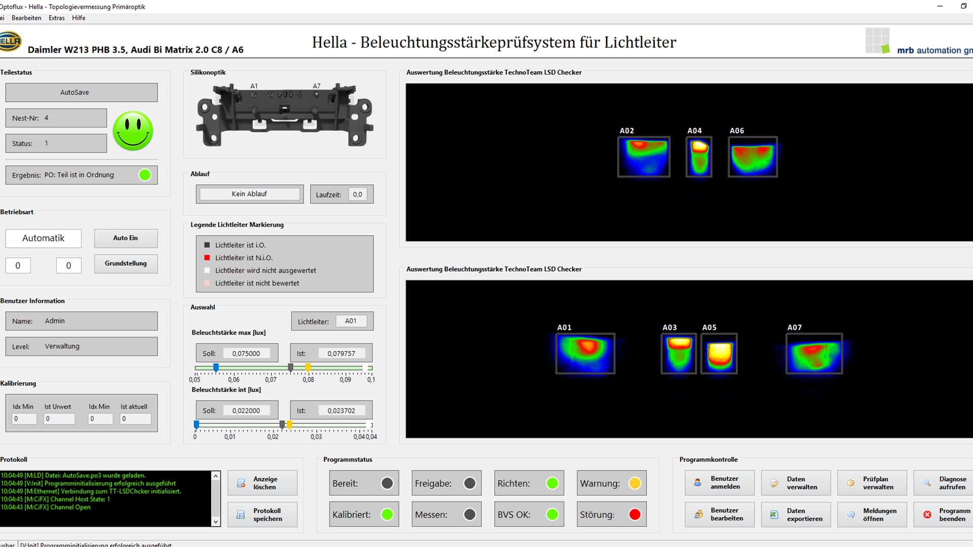 Dashboard des Mess- und Prüfsystems für Lichtleiter