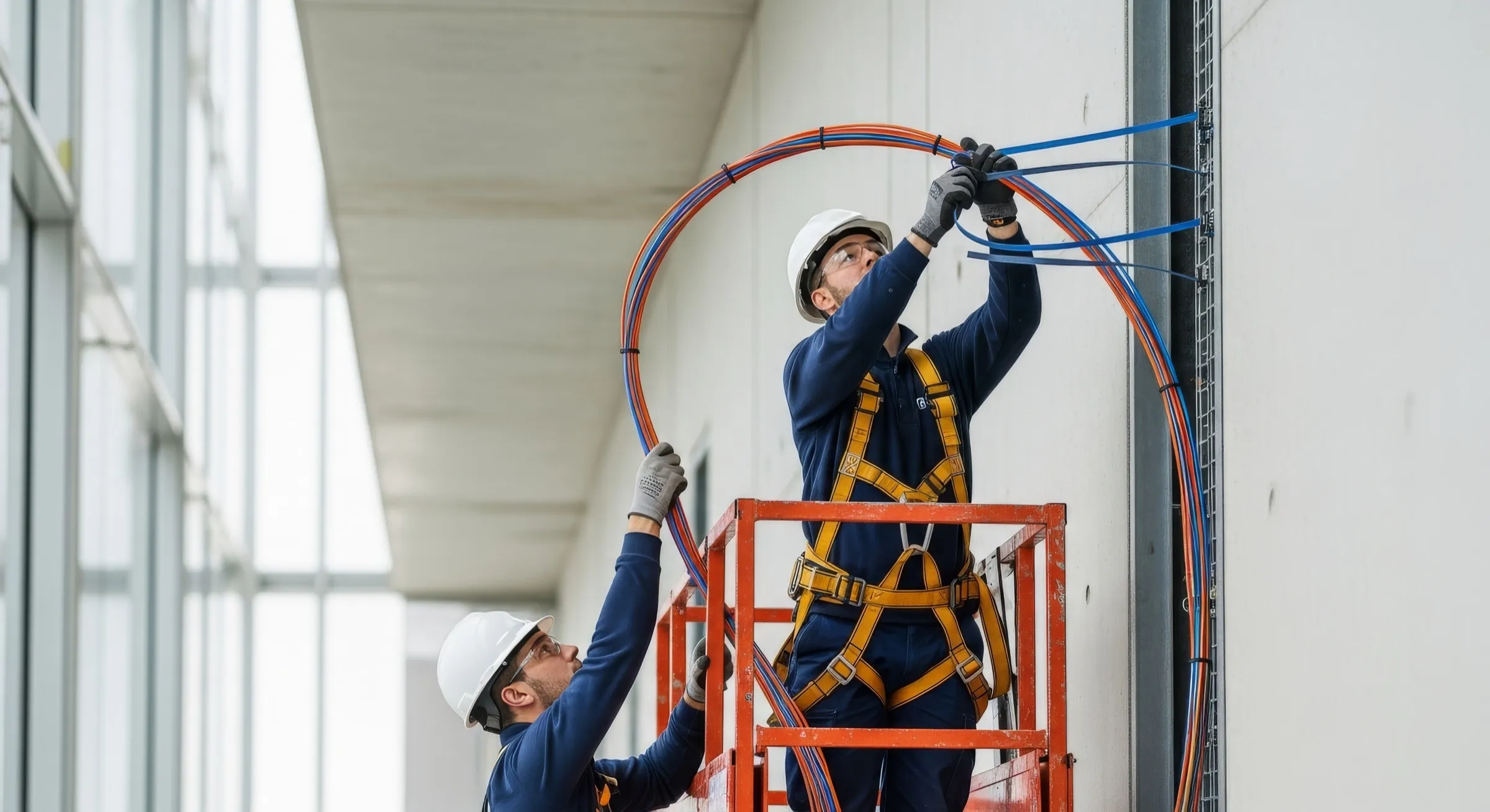 Monteure verlegen Kabel in einer Industriehalle