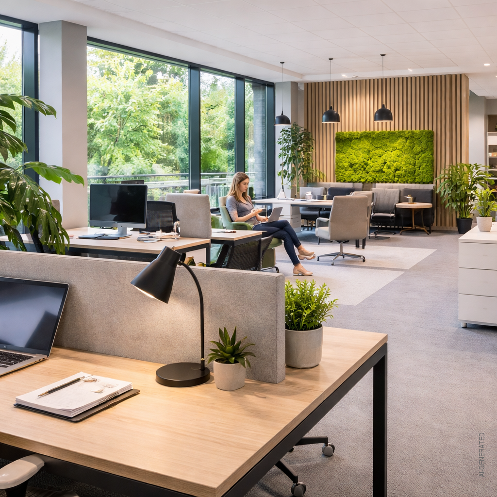 Begrüntes modernes Büro mit Loungebereich
